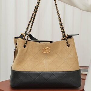 Chanel 25a suede khaki color-block hobo tote small bag